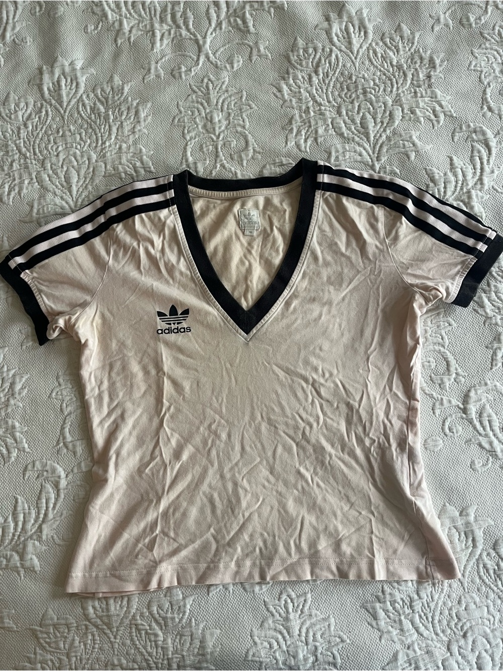 Adidas Vintage Women's Light Pink V-Neck Tee with Black Trim